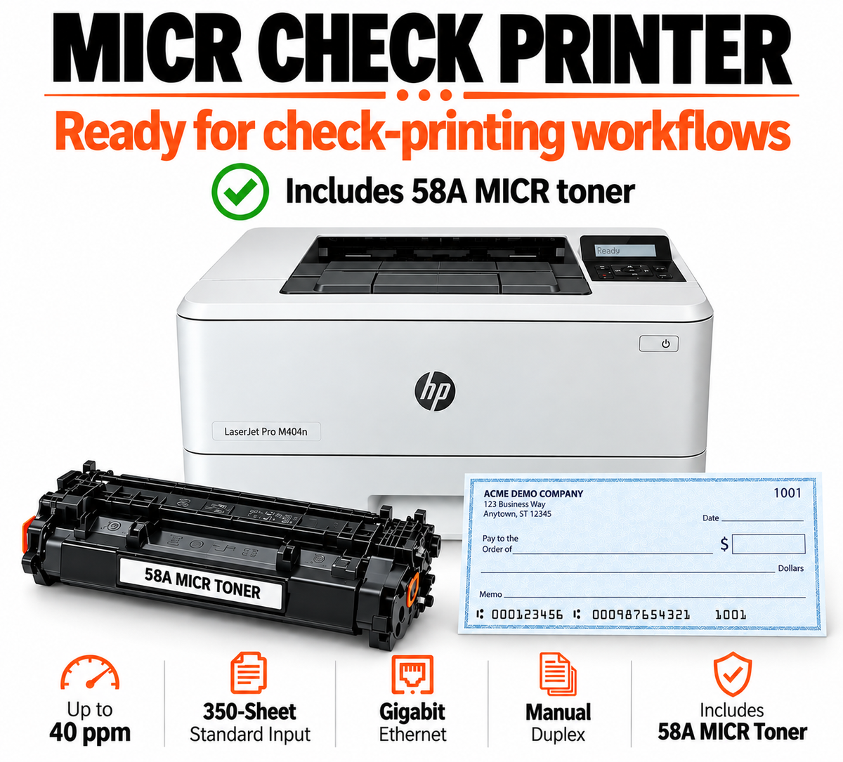 HP LaserJet Pro M404n MICR Check Printer Bundle W1A52A with MICR Toner