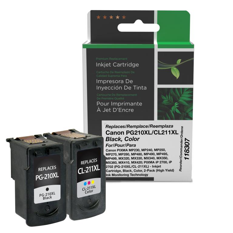 High Yield Black, Color Ink Cartridges for Canon PG-210XL/CL-211XL 2-Pack