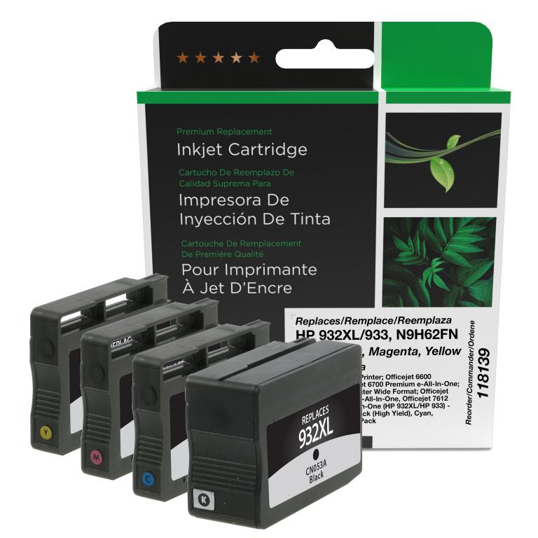High Yield Black, Cyan, Magenta, Yellow Ink Cartridges for HP N9H62FN (HP 932XL/933) 4-Pack