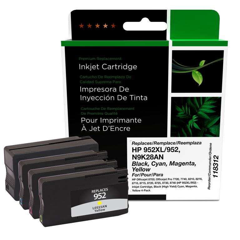 Black High Yield, Cyan, Magenta, Yellow Ink Cartridges for HP 952XL/952 4-Pack